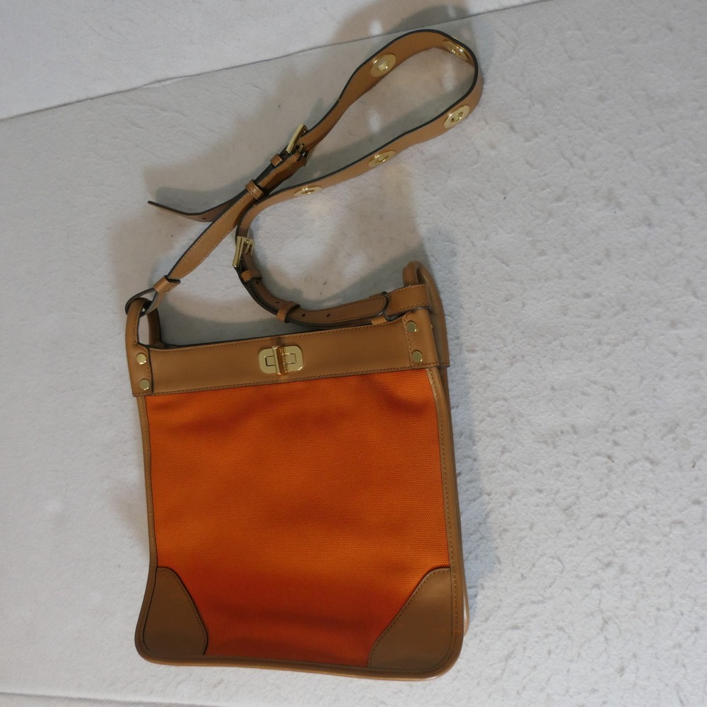 Michael Kors Womens Sullivan Messenger Bag L Tangerine Tan Canvas Leather Bold - Picture 1 of 16